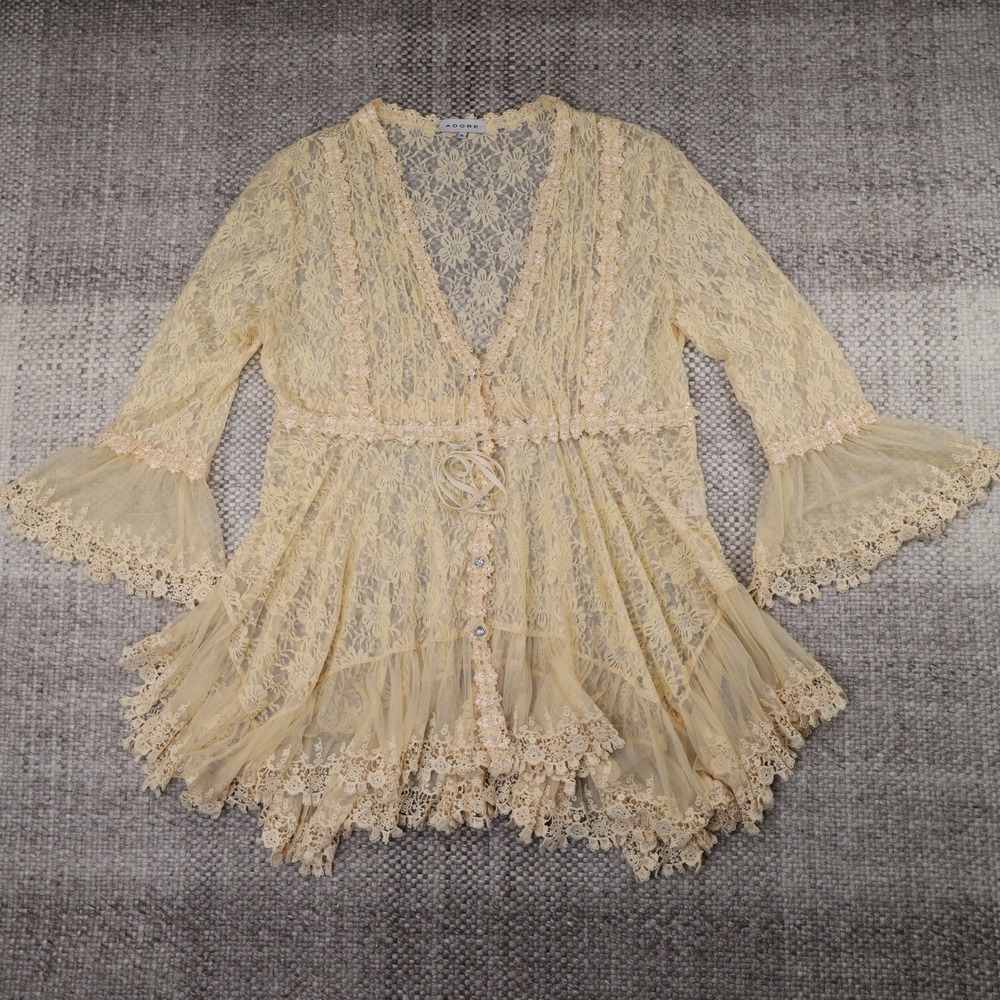 Adore Sheer Floral Lace Cardigan Top XL Cream Bell Sleeve Ruffle Tie Waist Boho